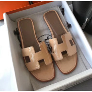 Hermes Patent Calfskin Leather Oran H Flat Slipper Sandals Nude
