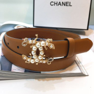 Chanel Leather Belt with Pearls CC Buckle 25mm Brown