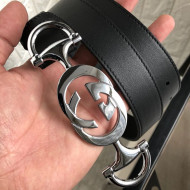 Gucci Leather Belt with Interlocking G Horsebit 20MM Black/Silver 2019