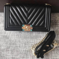 Chanel Chevron Calfskin Medium BOY CHANEL Handbag with Gold-tone Metal Black 2018