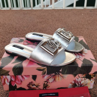 Dolce & Gabbana DG Metallic Leather Flat Slide Sandals Silver 2021
