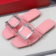 Roger Vivier Calfskin Square Buckle Flat Slide Sandals Pink 2021