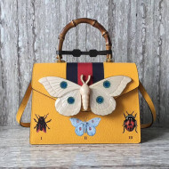 Gucci Leather with Moth Medium Top Handle Bag 488691 Yellow 2017