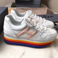 Hogan Calfskin Maxi H222 Sneaker with Rainbow Sole White/Pink 2018