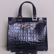 Gucci Zumi Crocodile Embossed Leather Small Top Handle Bag 569712 Black 2019