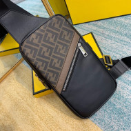 Fendi Men's Sling Shoulder Bag in Black Leather and Brown FF Canvas 2020