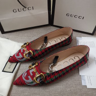 Gucci Houndstooth and Stripe Ballet Flat with Horsebit Red/Green 2021