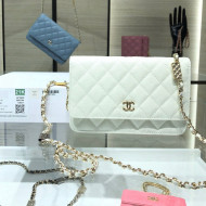 Chanel Grained Calfskin Wallet on Bag Charm Chain WOC AP2400 White 2021