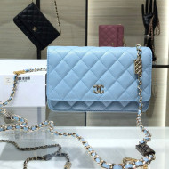 Chanel Grained Calfskin Wallet on Bag Charm Chain WOC AP2400 Light Blue 2021