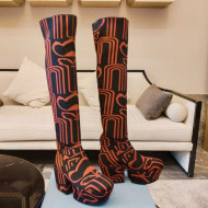 Prada Jacquard Knit Platform Over-Knee Boots 6.5cm Orange/Black 2021