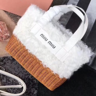Miu Miu Shearling & Wicker Handbag 5BA076 White 2018