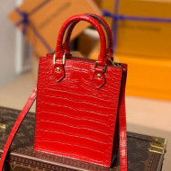 Louis Vuitton Petit Sac Plat Mini Tote Bag in Crocodile Embossed Leather N99487 Red 2021