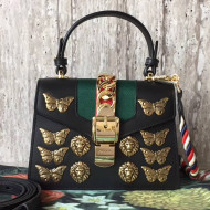 Gucci Sylvie Metal Animal Studs Leather Top Handle Mini Bag 470270 Black 2017