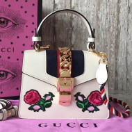 Gucci Sylvie Embroidered Flower Leather Top Handle Mini Bag 470270 White 2017