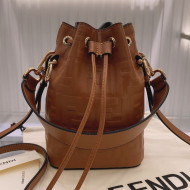Fendi Mon Tresor Mini FF Leather Bucket Bag Caramel Brown 2020