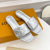 Louis Vuitton Revival Flat Slide Sandals in Monogram Embossed Lambskin Silver 2022 