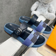 Louis Vuitton Bom Dia Damier Denim and Leather Flat Slide Sandals Blue/Black 2022
