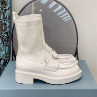 Prada Brush Leather Knit Ankle Boots White 2021 112387