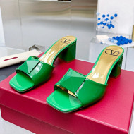 Valentino One Stud Patent Leather Medium Heel Slide Sandals 6cm Green 2022 01