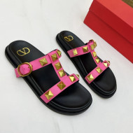 Valentino Roman Stud Calf Leather Flat Slide Sandals Pink 2022 0323142