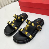 Valentino Roman Stud Calf Leather Flat Slide Sandals Black 2022 0323146
