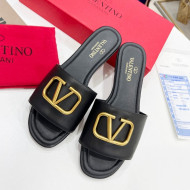 Valentino VLogo Calf Leather Flat Slide Sandals Black 2022 0323148