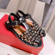 Valentino Rockstud Woven Calf Leather Flat Sandals Black 2022 0323153