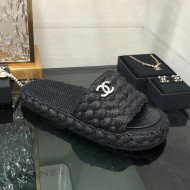 Chanel Cord Braided Flat Slide Sandals Black 2022 030762