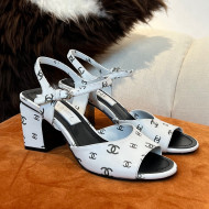 Chanel CC Allover Printed Lambskin Medium Heel Sandals 6.5cm G38974 White 2022