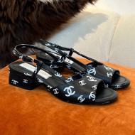 Chanel CC Allover Printed Lambskin Low Heel Sandals 3.5cm G38976 Black 2022