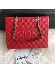 Chanel Grained Calfskin Grand Shopping Tote GST Bag Red/Silver