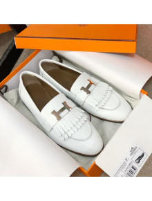 Hermes Royal Fringe Lambskin Flat Loafers White 2020