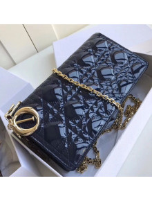 Dior Lady Dior Clutch with Chain in Cannage Patent Leather Navy Blue 2018