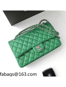Chanel Medium Iridescent Quilted Coarse Grained Leather Classic Flap Bag Green/Silver 2021
