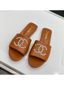 Chanel Pearly CC Leather Flat Slide Sandals Brown 2022