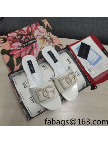 Dolce & Gabbana Patent Leather Crystal DG Flat Slide Sandals White 2022