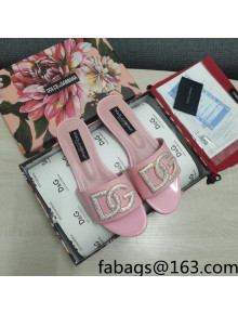 Dolce & Gabbana Patent Leather Crystal DG Flat Slide Sandals Light Pink 2022