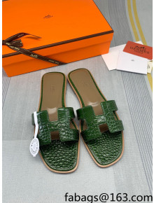 Hermes Oran Crocodile Embossed Leather Flat Slide Sandals Green 2022 04