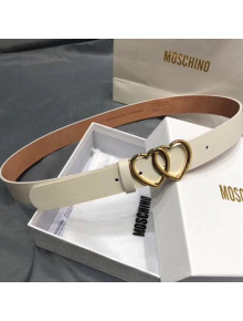 Moschino Love Leather Belt with Double Hearts Buckle 30mm White 2019