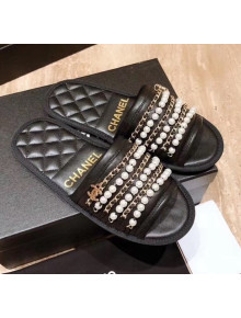 Chanel Lambskin Chains & Pearls Flat Mules Sandals Black 2020