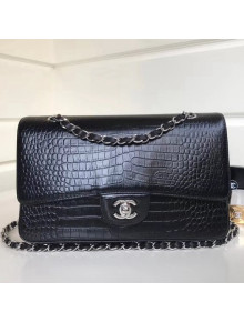 Chanel Calfskin Alligator Classic Medium Double Flap Bag Black 2018