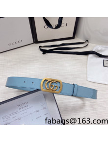 Gucci Leather Belt 3cm with Framed GG Buckle Light Blue 2021 92