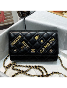 Chanel Lambskin Wallet Bag with Chain WOC and Emblem Charm Black 2021