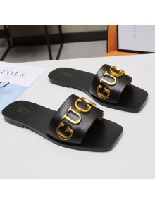 Gucci Gold Signature Calfskin Slide Sandals Black 2021 (For Women and Men)