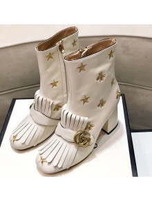 Gucci Embroidered Leather Fringe Mid-heel Ankle Short Boot 551545 White 2019