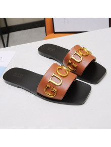 Gucci Gold Signature Calfskin Slide Sandals Brown 2021 (For Women and Men)