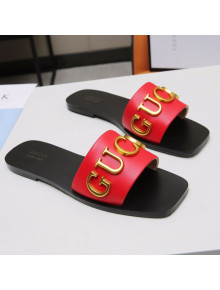 Gucci Gold Signature Calfskin Slide Sandals Red 2021 (For Women and Men)