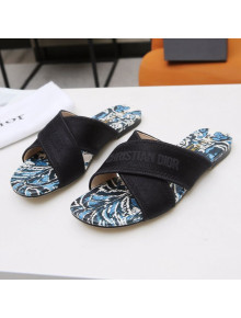 Dior Cross Strap Flat Slide Sandal in Cotton Embroidery Black 02 2021