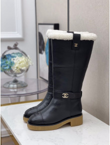 Chanel Calfskin Wool High Boots with CC Strap Black 2020