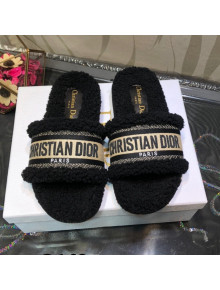 Dior Dway Flat Slide Sandals in Black Embroidered Cotton and Shearling 2021